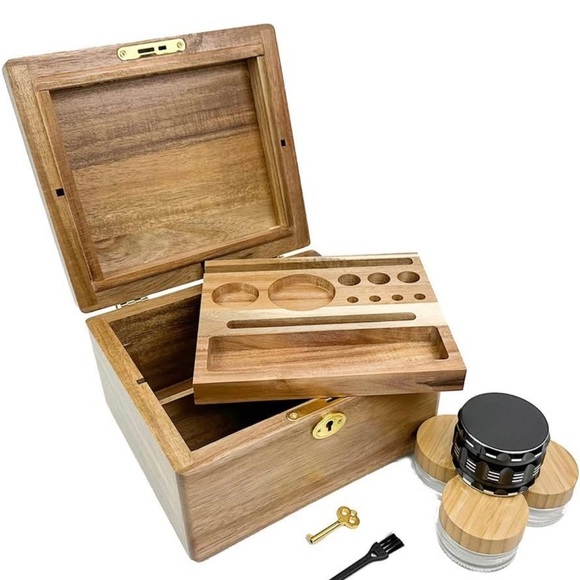 Tea herbs storage box Wooden Storage Box Lock and Key Combo with Accessory Kit